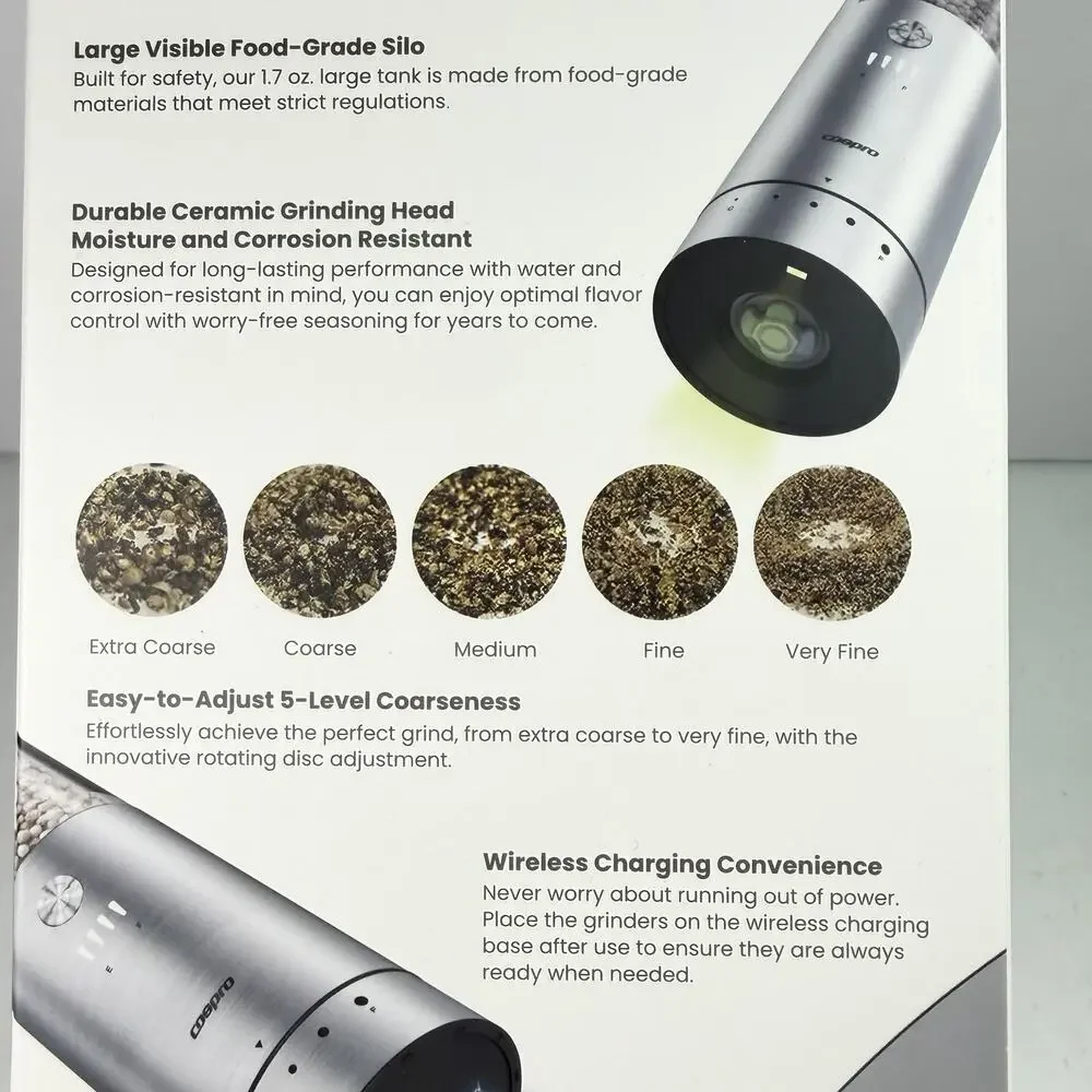 COSPRO Electric Salt & Pepper Grinder Set (3) Adjustable Coarseness NIB